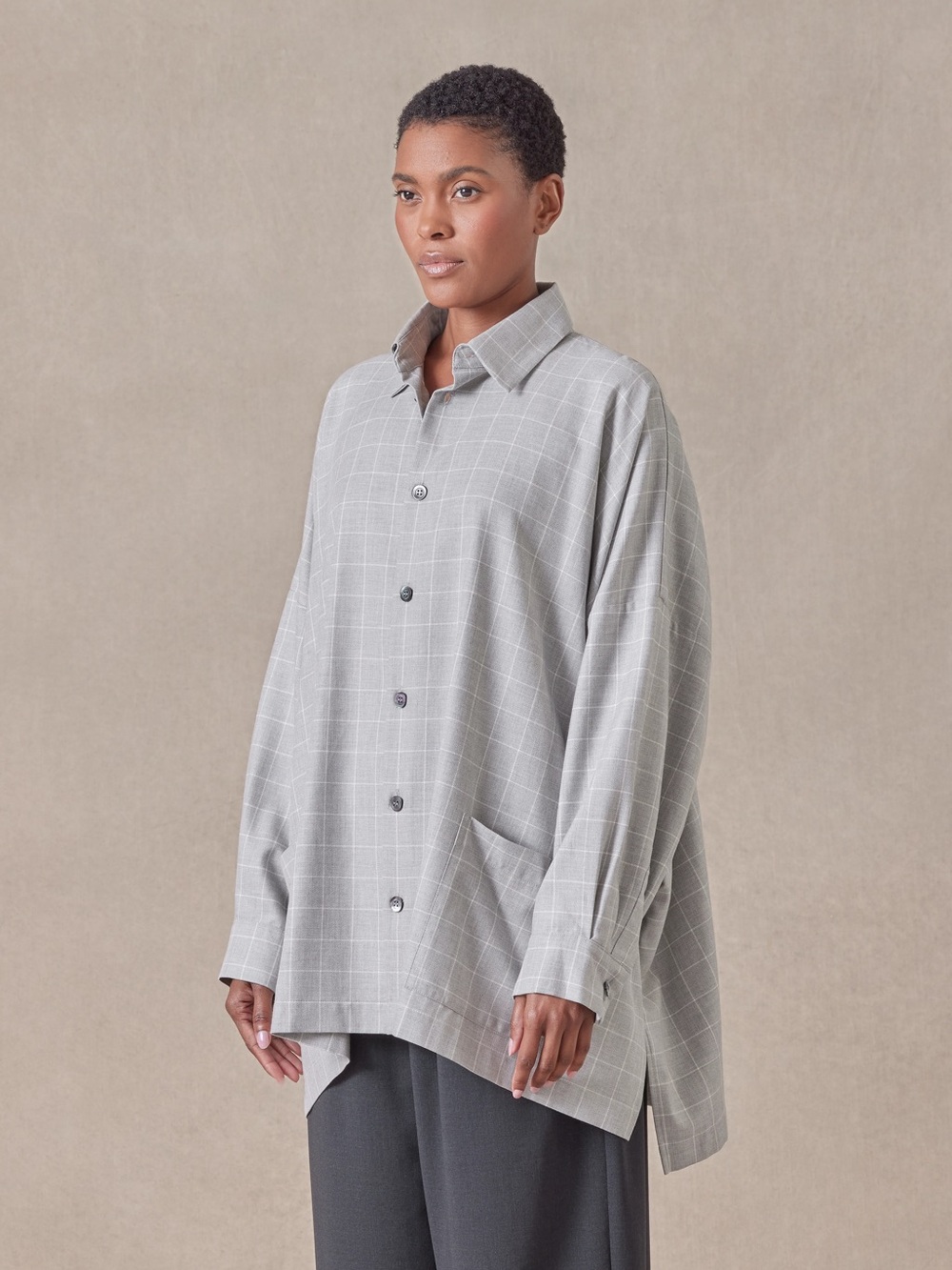 Eskandar sz 0 (S) Pale Grey Cotton Wide Longer Back Shirt Jacket Fine Line Plaid
